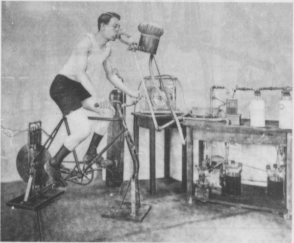Die Anfänge der Sportmedizin: Fahrradergometrie mit Untersuchung des Gasstoffwechsels, um 1900.